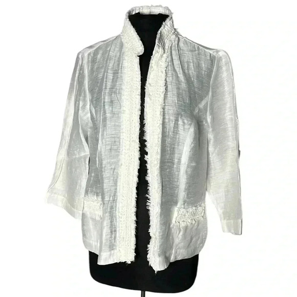 Chico’s White Linen Blend Open Front Cardigan Sheer Lightweight Jacket Size 2 - Picture 1 of 8